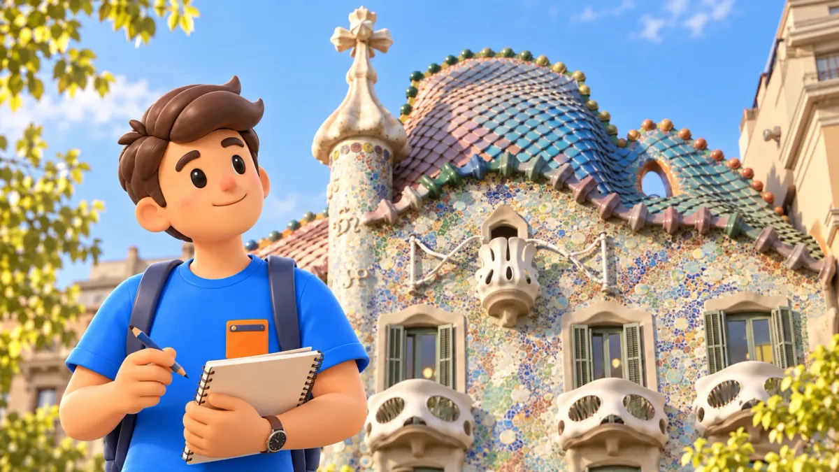 Illustration eines Reisenden mit Skizzenbuch und Stift vor Mosaikfassade und Schuppendach der Casa Batlló.