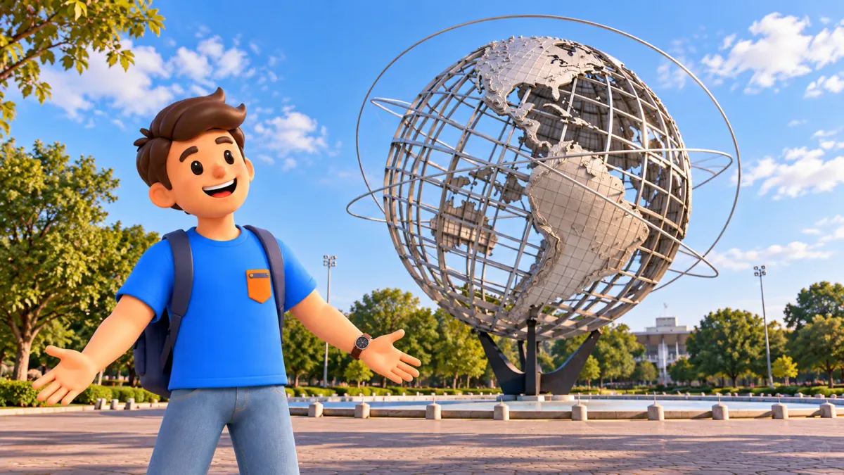 Illustration of a traveler before the steel Unisphere, with no fountain jets operating.