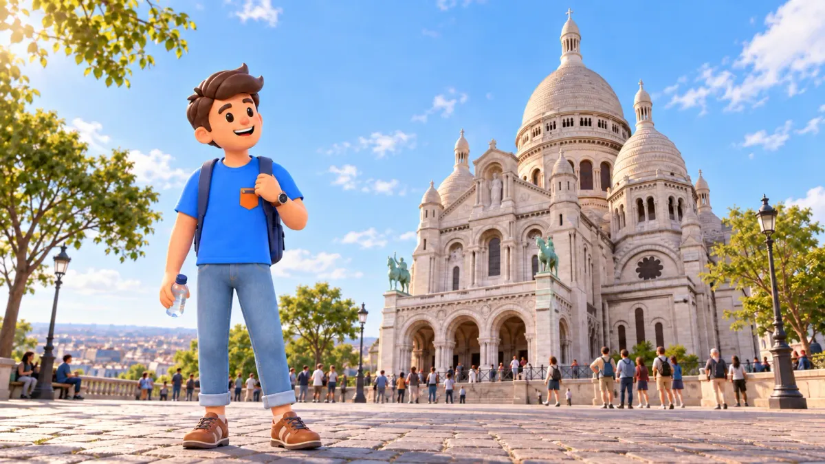 Mascot holding a closed water bottle beside the façade and domes of Sacré-Cœur.