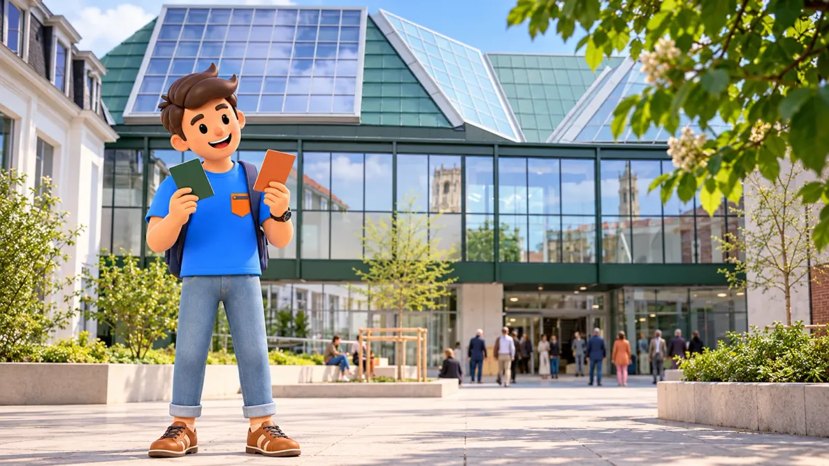 Character comparing green and terracotta colour cards outside BRUSK’s glazed facade