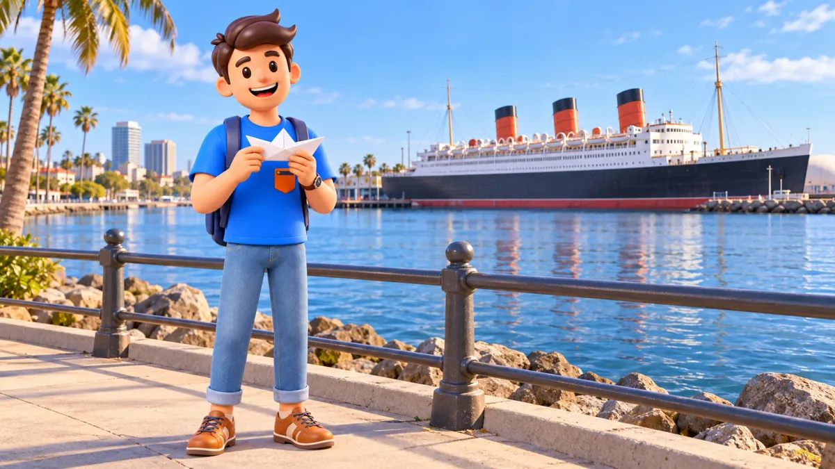 Traveler holding a paper boat with a historic liner across the water