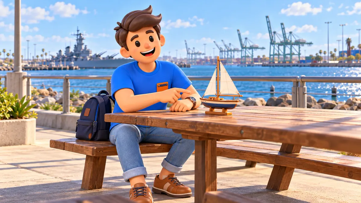 Un voyageur près du port regarde un voilier miniature sur une table.