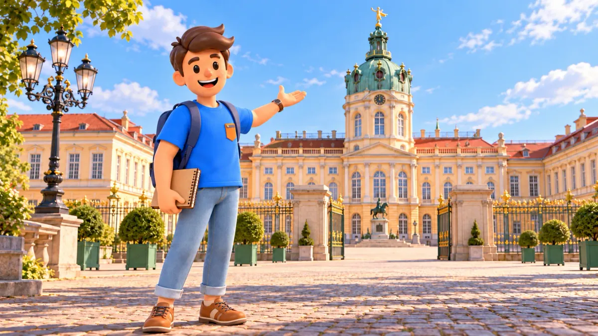 Иллюстрация: путешественник с блокнотом показывает на барочный дворец с зелёным куполом.