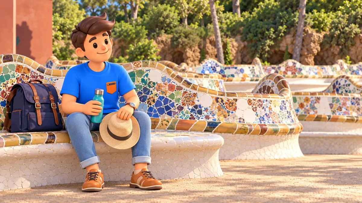 Ilustración de un viajero con botella cerrada y sombrero en el banco sinuoso de mosaico de Park Güell.