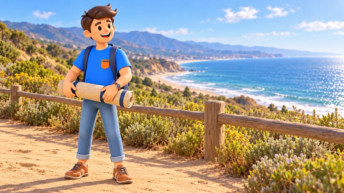 Traveler with a rolled mat on a coastal path behind a rail; Malibu illustration.