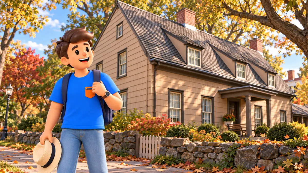Ilustración de un viajero con su sombrero ante la casa de madera Bowne House en Flushing.