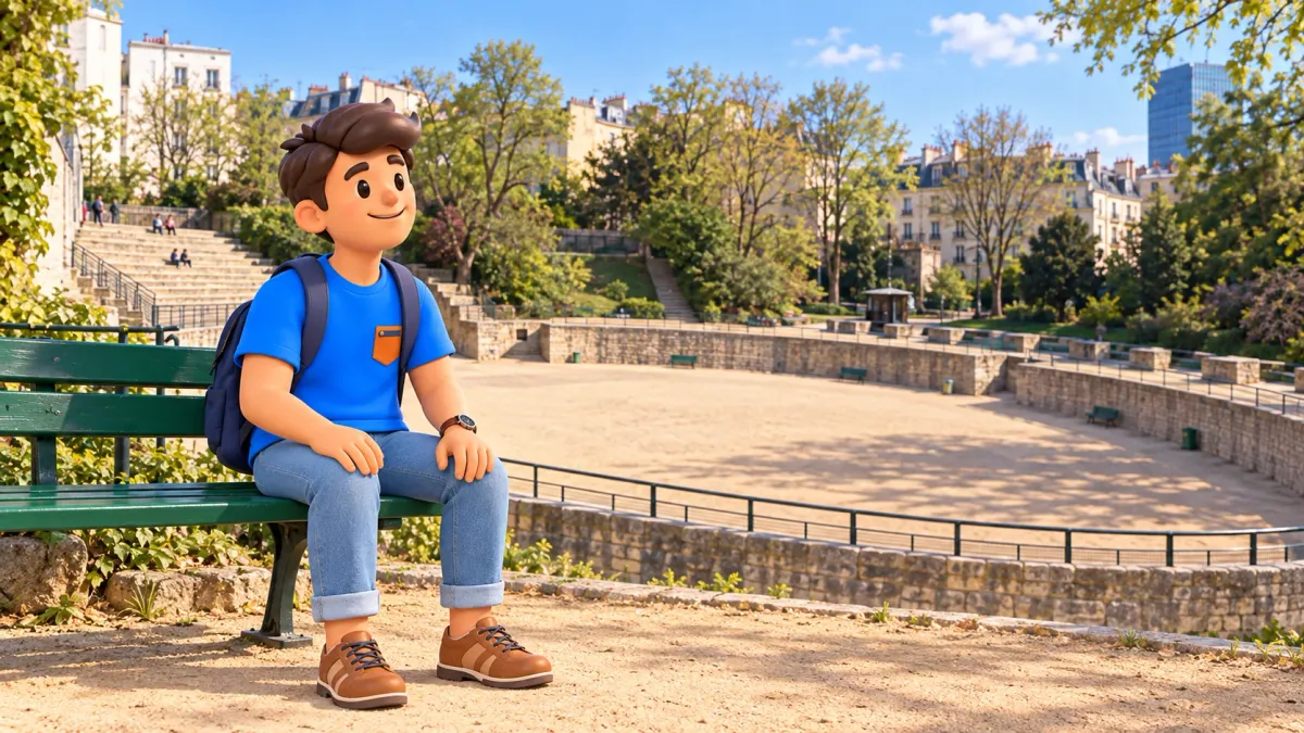 Personnage sur un banc vert aux Arènes de Lutèce