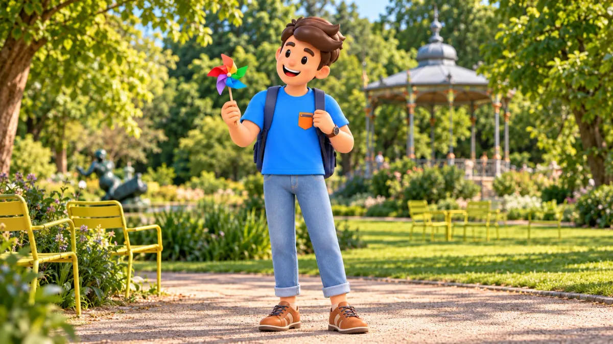 Figur mit Papierwindrad auf einem Weg im Astridpark bei gelben Stühlen und Pavillon