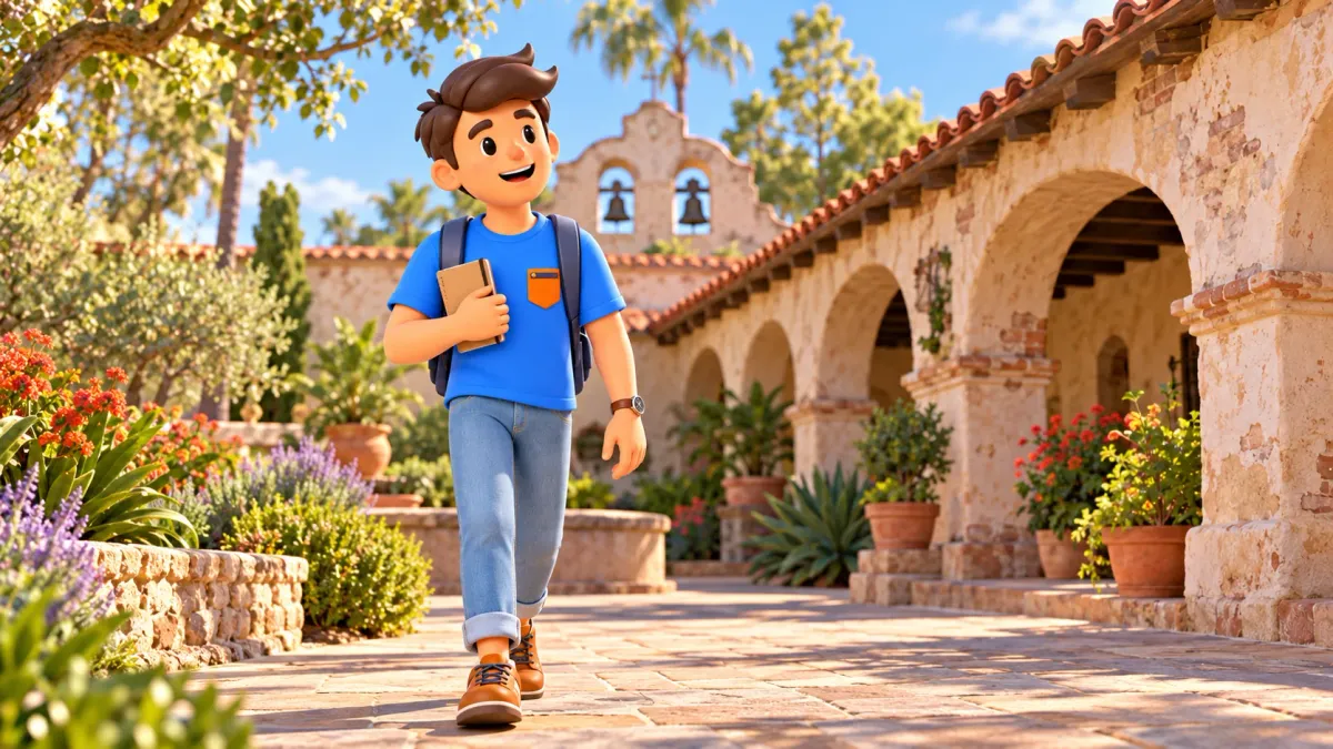 Viajero con cuaderno en un patio de misión californiana estilizado.