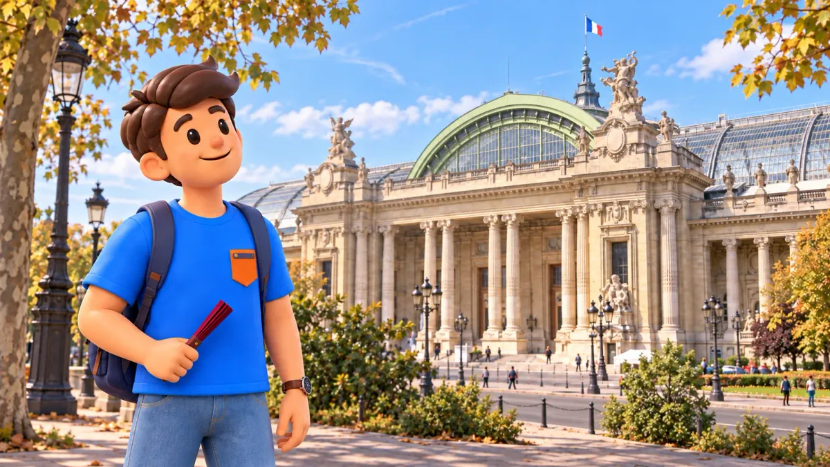 El personaje de RoadMe sostiene un abanico burdeos cerrado ante la fachada y cubierta del Grand Palais.