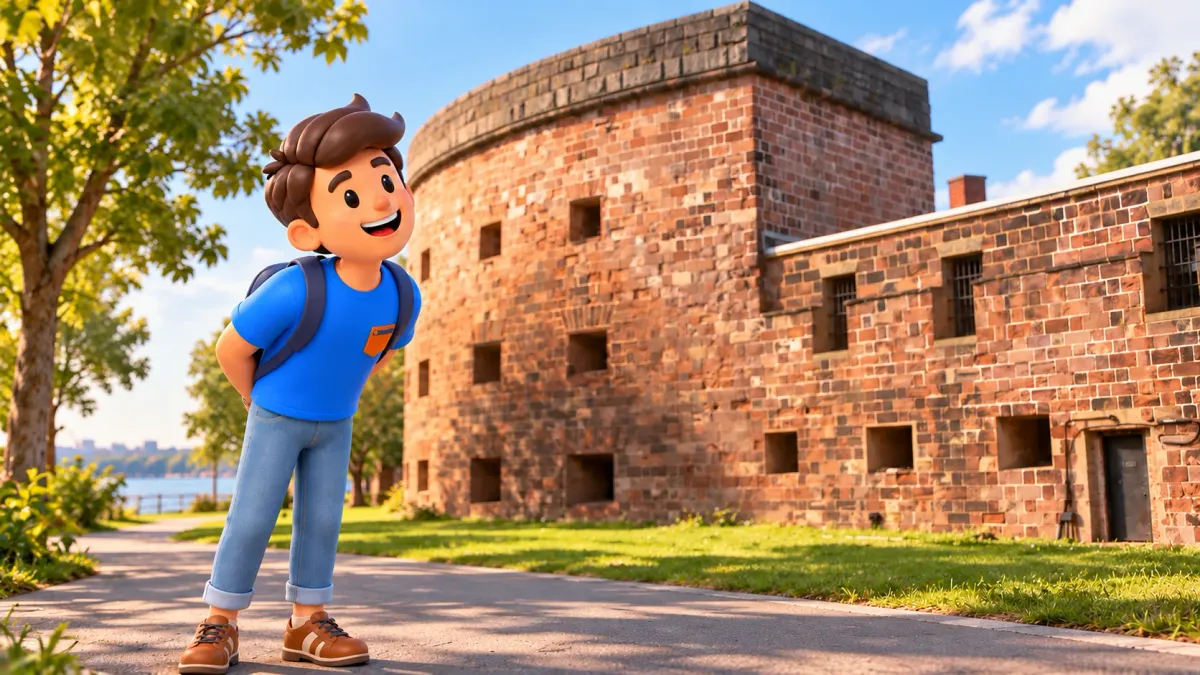 Illustration d’un voyageur regardant la façade de grès de Castle Williams.
