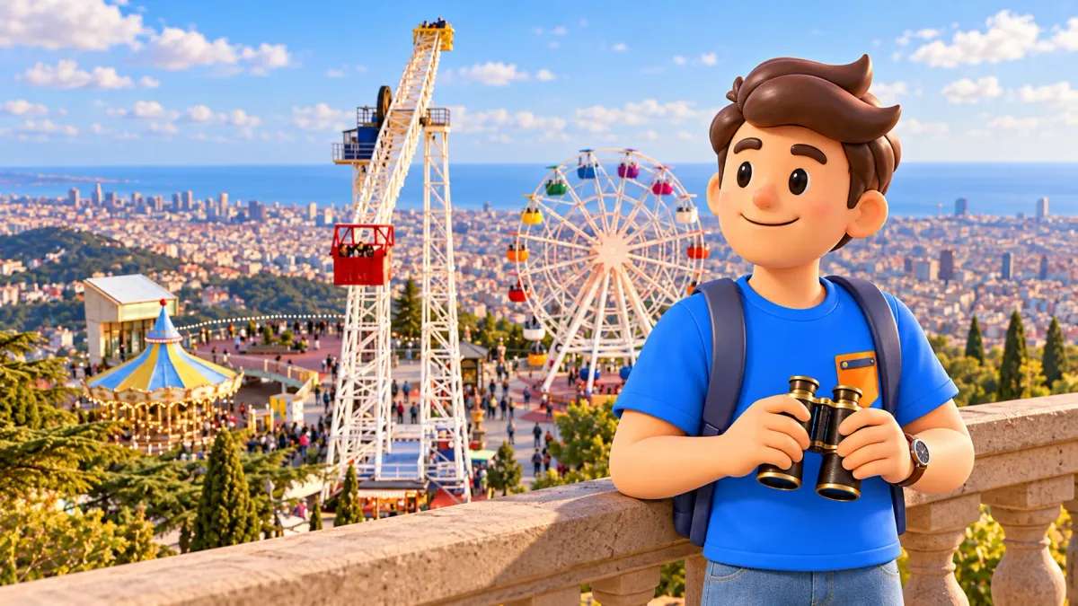 Illustration of a traveller holding binoculars at Tibidabo with Barcelona, Talaia and Giradabo behind him.