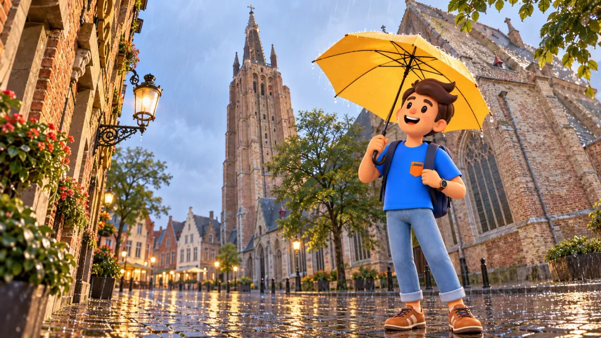 Personaje con paraguas amarillo junto a la torre de ladrillo de Nuestra Señora bajo la lluvia