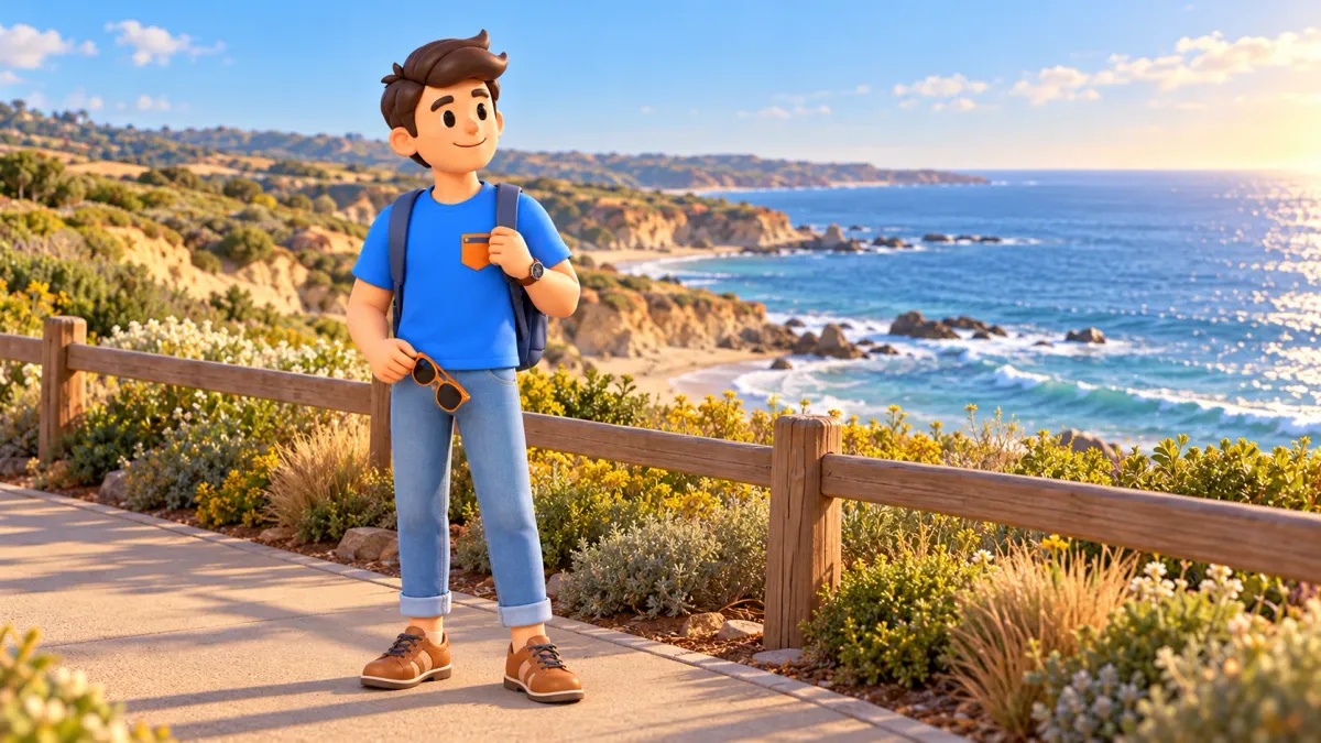 Traveler with sunglasses on a railed path overlooking the coast; illustration.