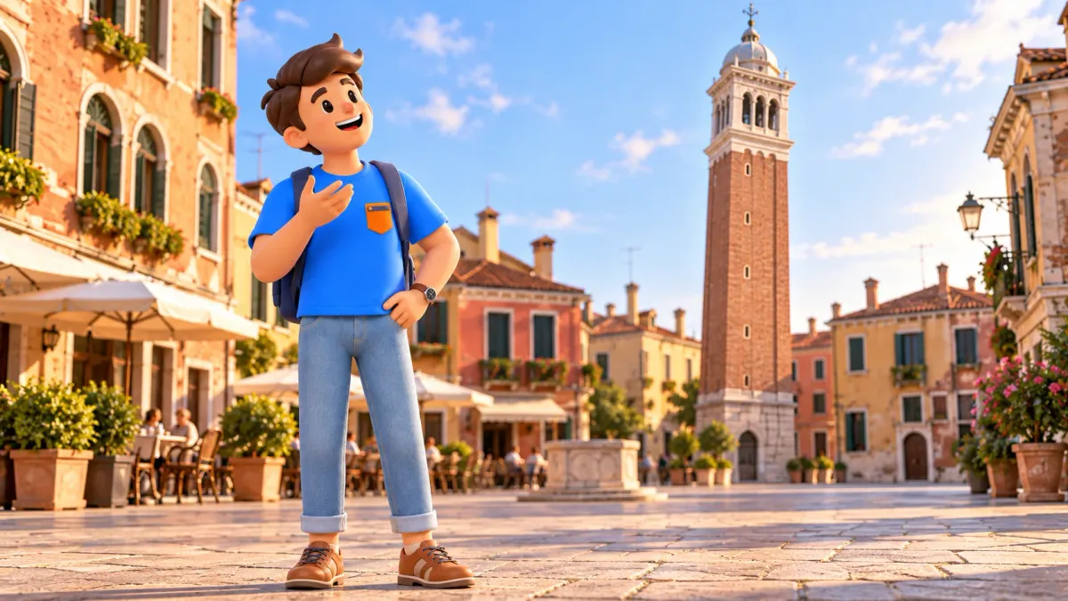 Ilustración conceptual del descubrimiento de la silueta de un campanario veneciano