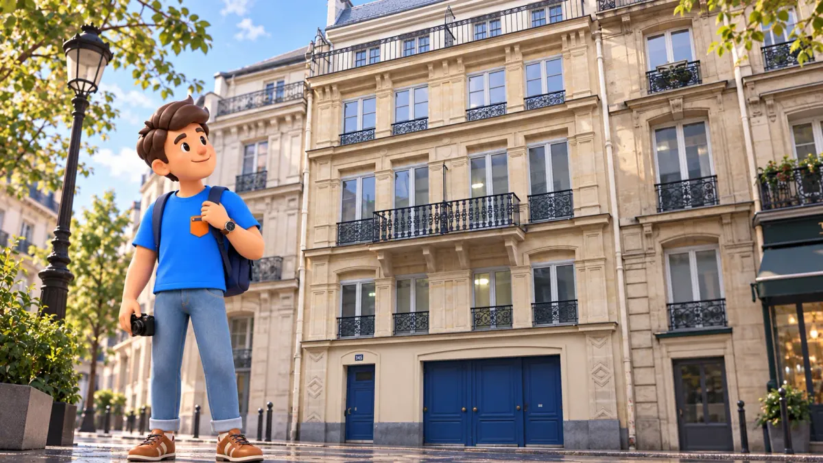 Mascot with a camera beside the preserved stone façade at 145 Rue La Fayette.