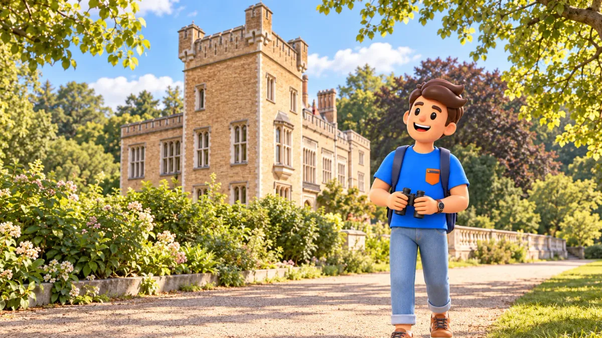 Character holding binoculars on a path before the square tower of Tudor Castle