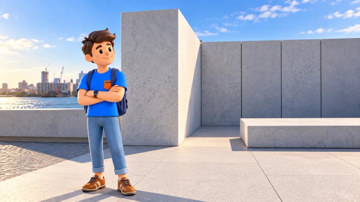 Illustration of a traveler among the rectilinear granite walls of Four Freedoms Park on Roosevelt Island.