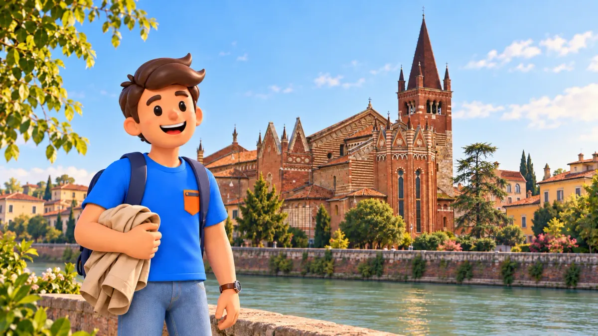Viajero de RoadMe con una chaqueta ante San Fermo Maggiore y el Adigio