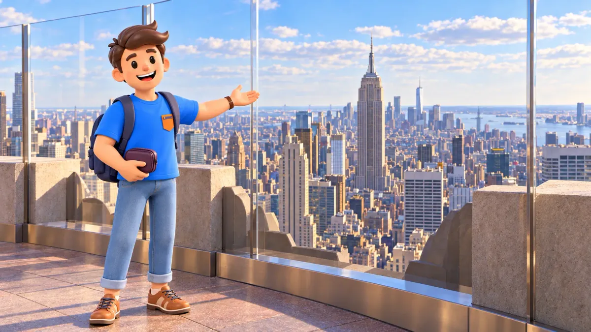Voyageur sur une terrasse stylisée de Top of the Rock, avec l’Empire State Building au loin.