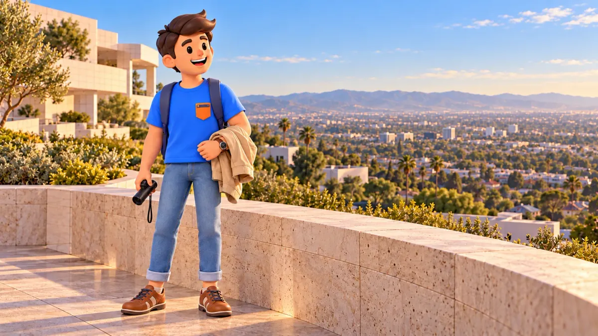 Voyageur avec un monoculaire et une veste sur une terrasse de musée claire face à la ville ; illustration.