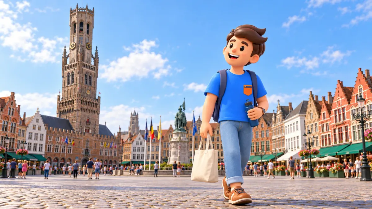 Personnage avec un sac en toile et une gourde sur le Markt devant le Beffroi