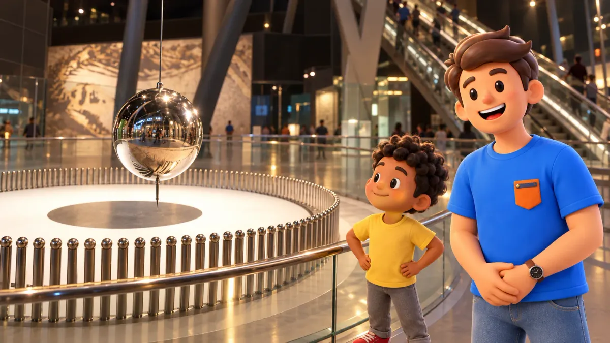 Illustration of a traveller and child observing the Foucault pendulum at CosmoCaixa from behind the glass barrier.
