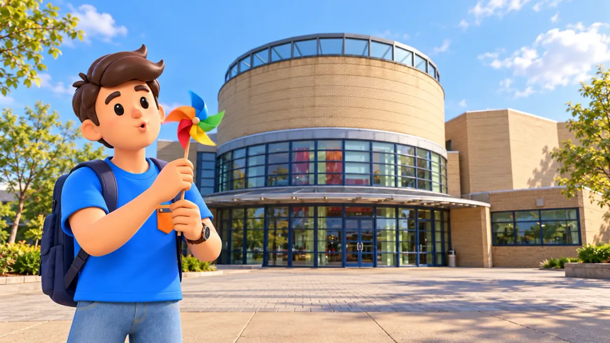 Illustration eines Reisenden mit eigenem Windrad vor dem runden Eingang der New York Hall of Science.
