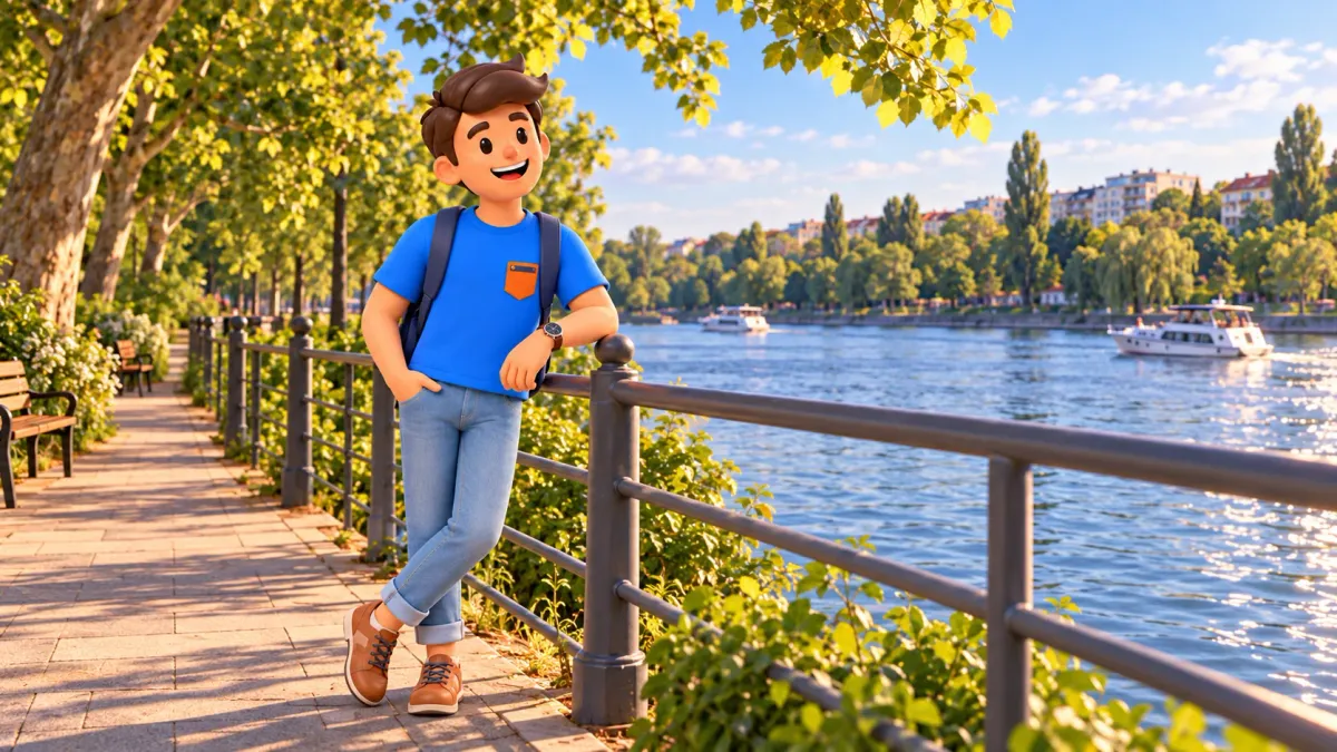 Illustration: Traveller beside a railing on a leafy Spree riverside promenade.
