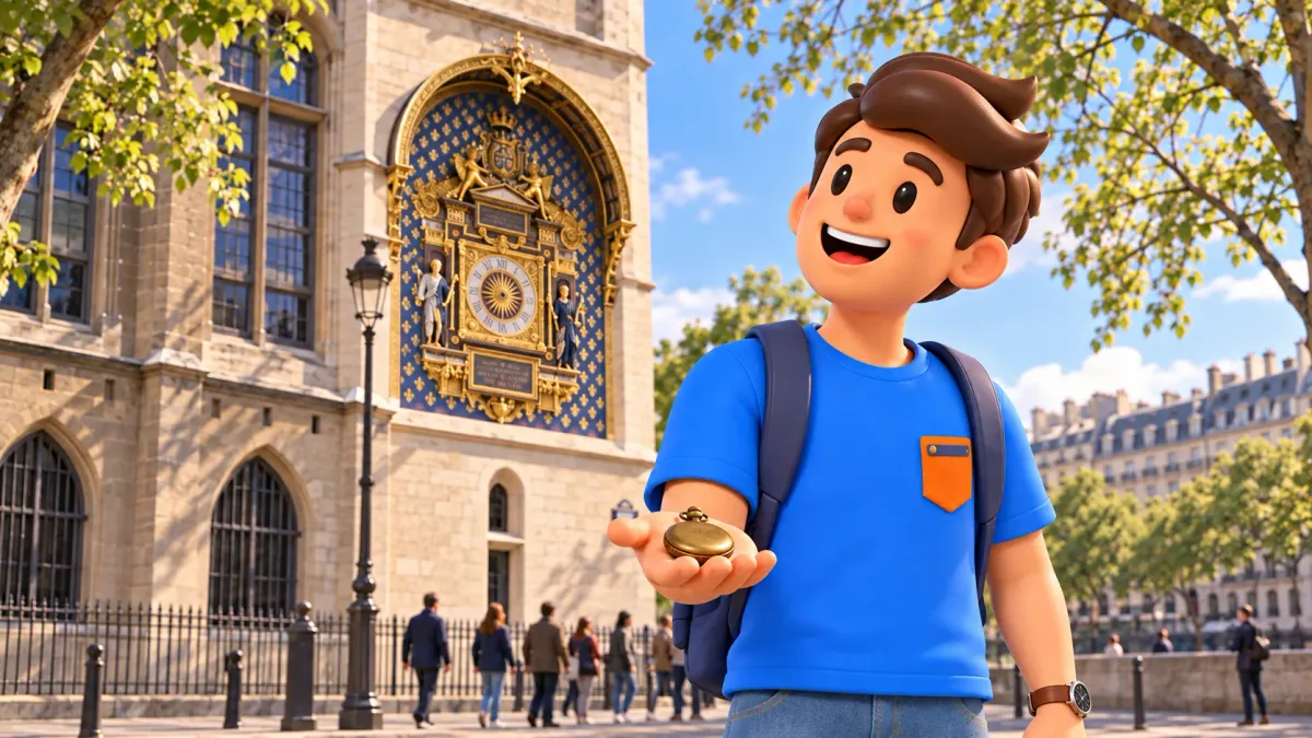 Figur mit einer Taschenuhr vor der Uhr der Conciergerie