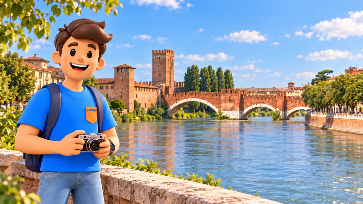 RoadMe-Reisender mit Kamera vor der Scaligerbrücke und Castelvecchio