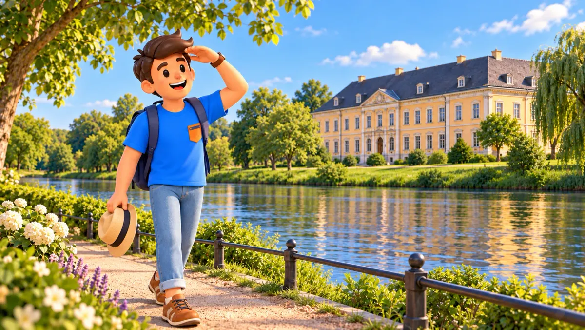 Illustration eines Reisenden mit Hut vor einem Barockschloss am Wasser.