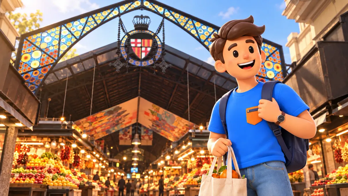 Illustration d’un voyageur avec un sac d’oranges sous l’arche décorative de la Boqueria.
