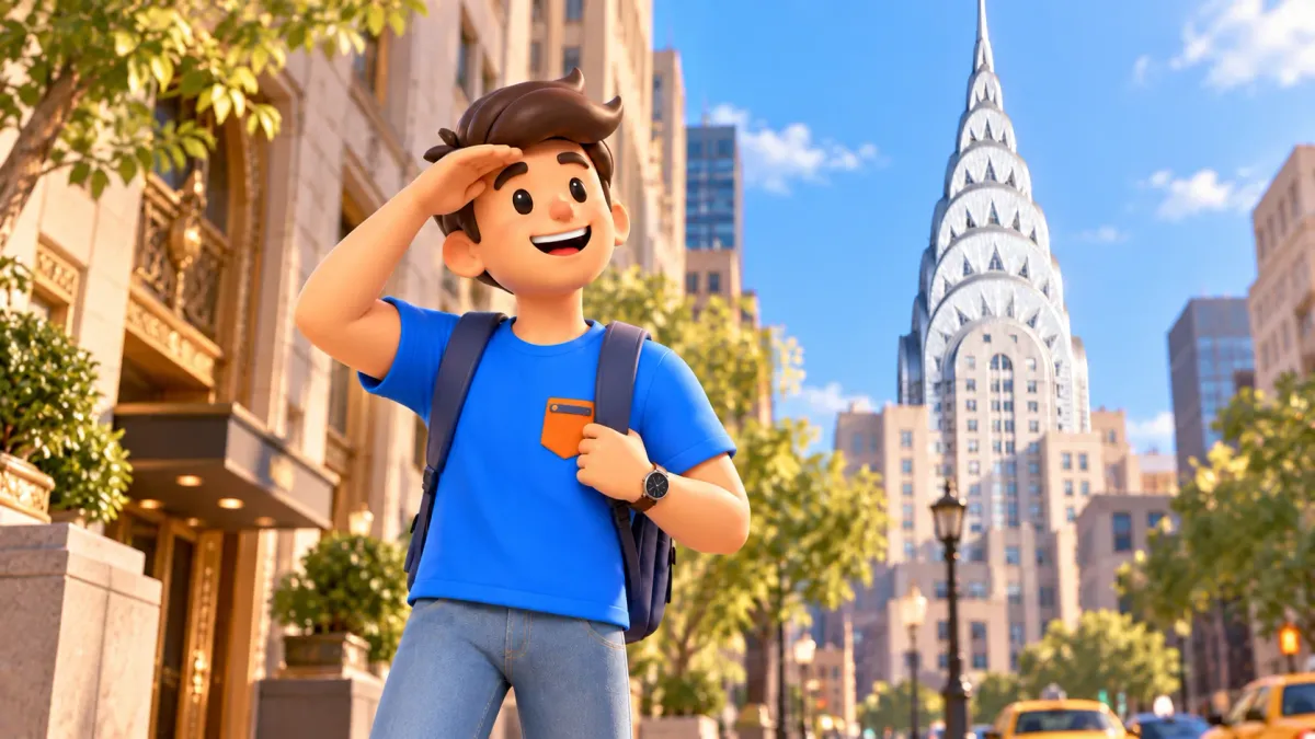Illustration d’un voyageur admirant la couronne argentée stylisée du Chrysler Building.