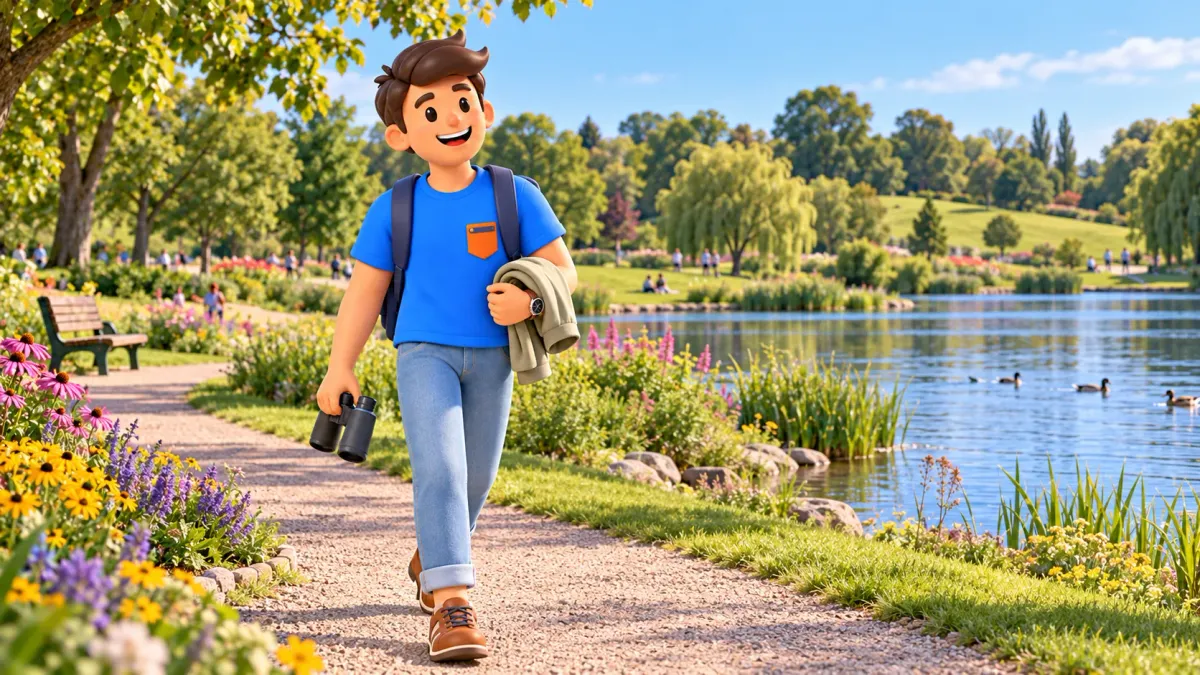 Ilustración de un viajero con prismáticos y chaqueta en un camino junto al lago del parque.