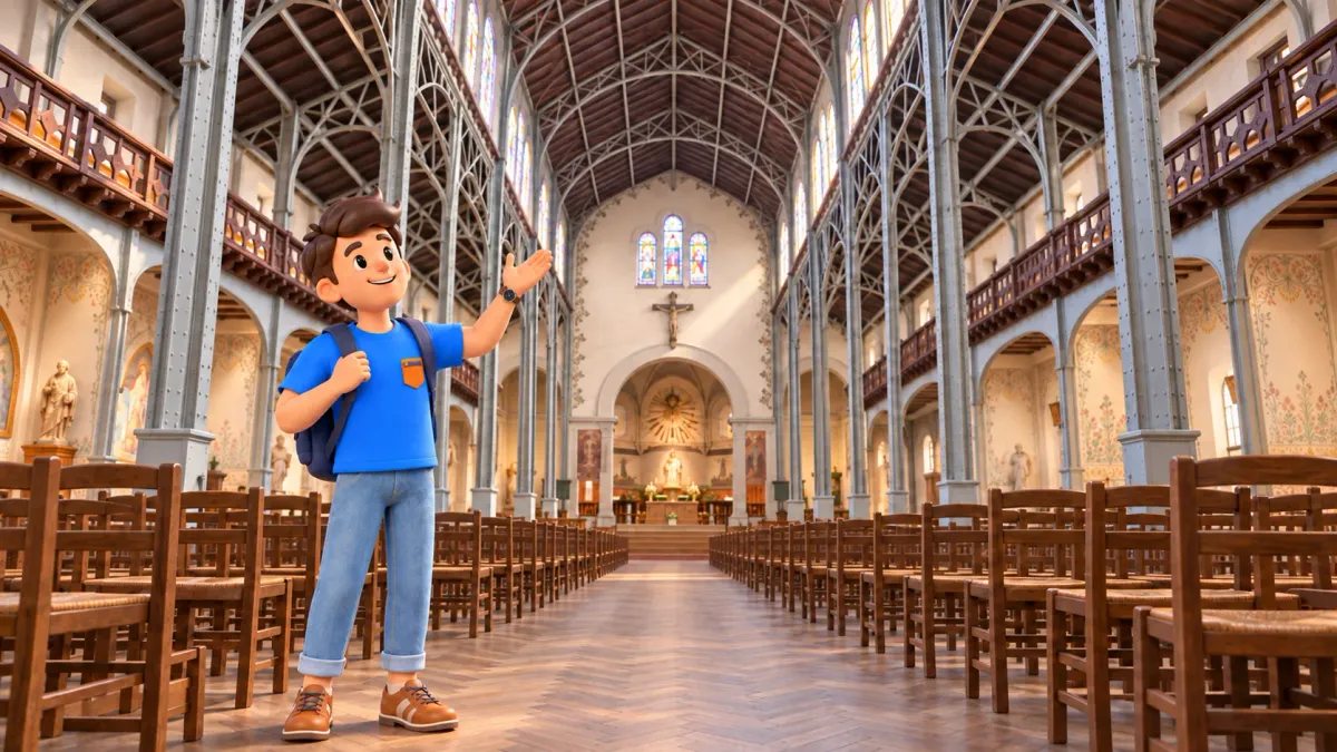 Un voyageur observe la charpente métallique apparente de Notre-Dame-du-Travail