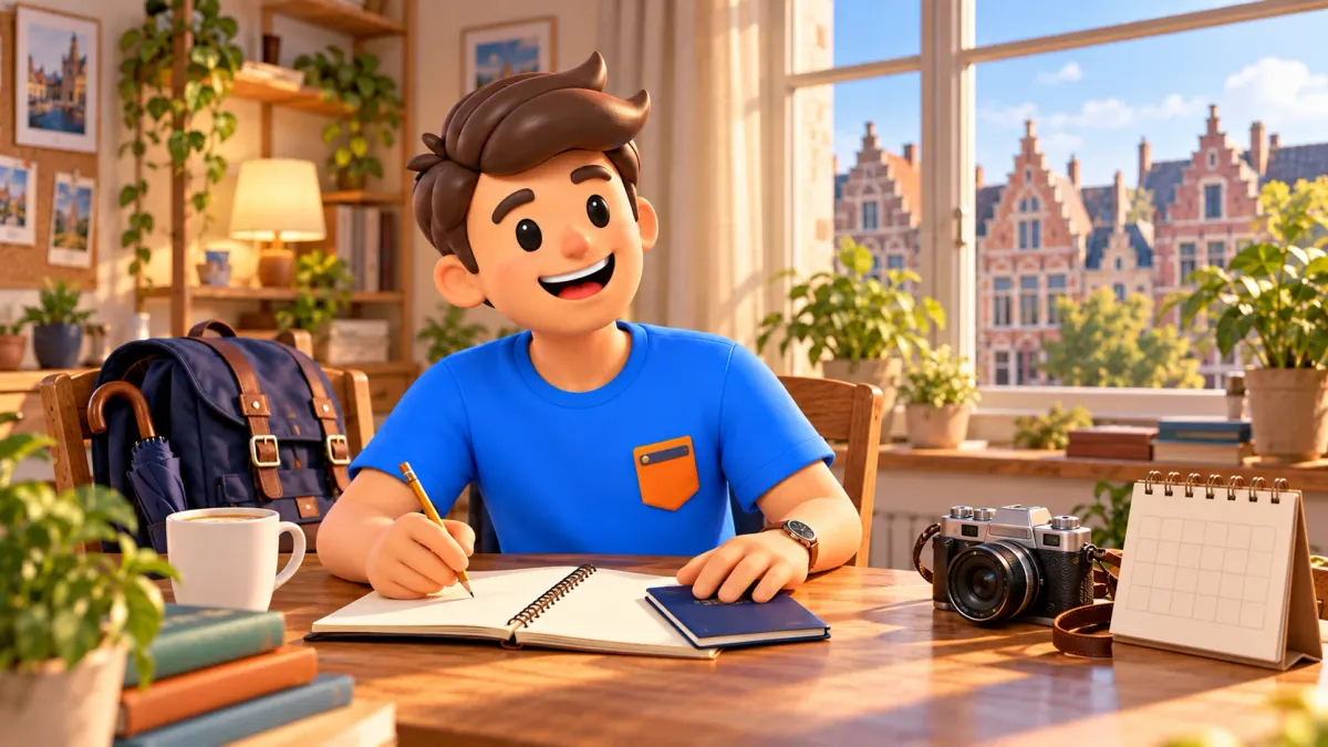 Character planning a trip at a table with a notebook, calendar and camera