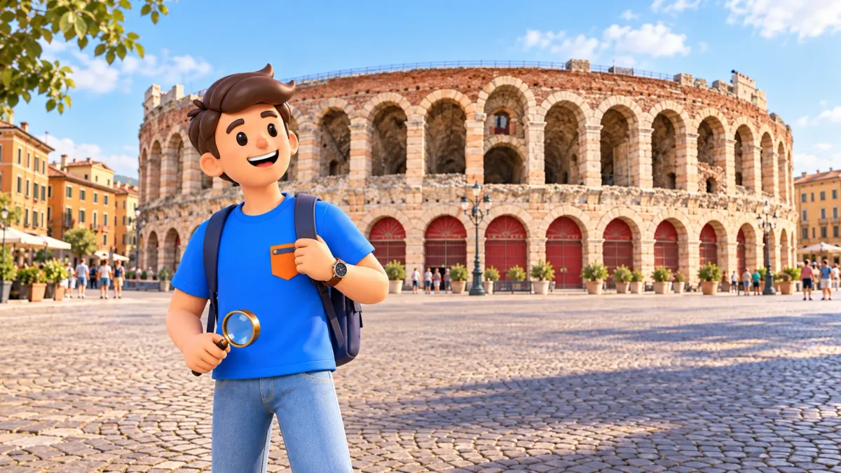 Viajero de RoadMe con una lupa ante la Arena de Verona