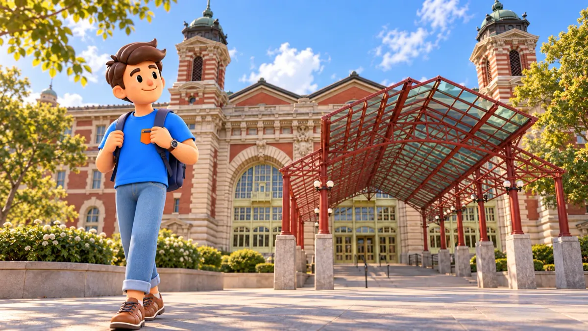 The mascot outside a stylised Ellis Island Main Building