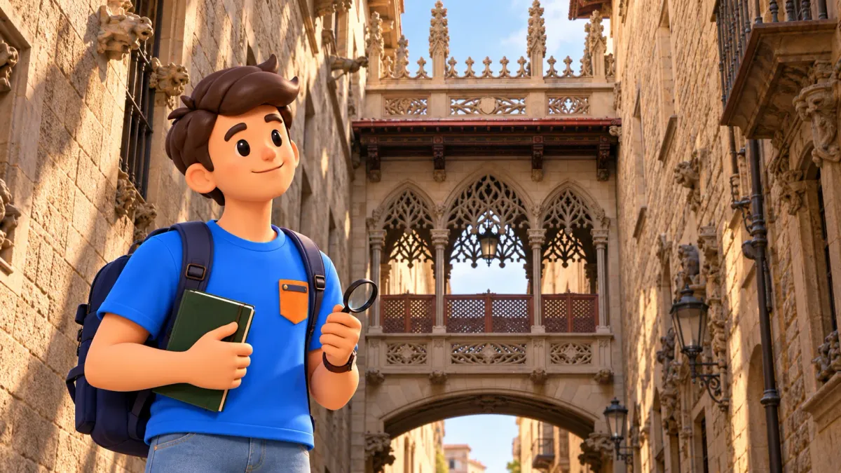 Illustration d’un voyageur avec livre et loupe dans la rue sous le Pont del Bisbe sculpté.