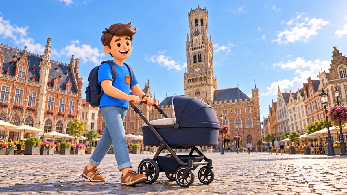 Character pushing a navy baby pram across Markt with the Belfry behind