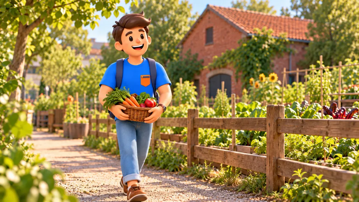 Illustration d’un voyageur portant un panier de légumes sur un chemin de ferme.