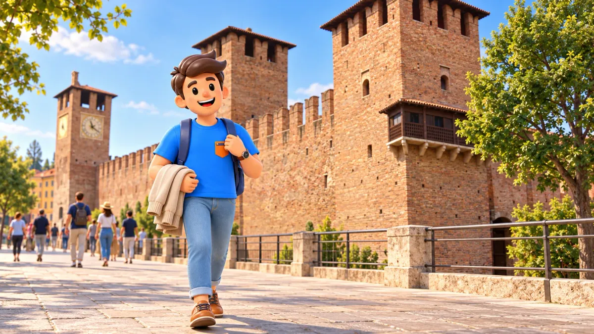 Personnage RoadMe avec un cardigan beige devant les murs de Castelvecchio