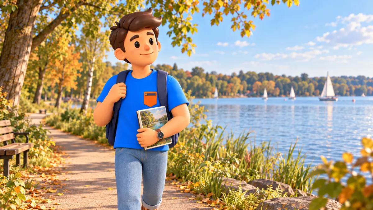 Illustration of a traveller carrying an art book on a public lakeside path.