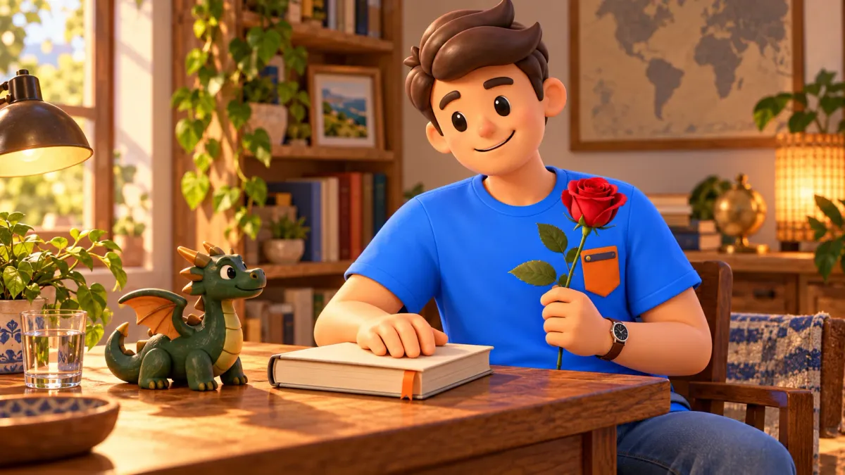 Illustration eines Reisenden mit Rose und Buch am Tisch neben einer kleinen hölzernen Drachenfigur.