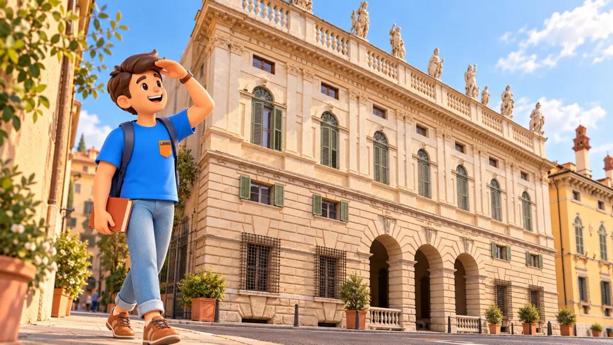 Personaje de RoadMe con libro observando la fachada del Palazzo Canossa