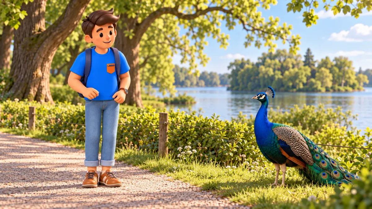 Illustration of a traveller watching a peacock at a distance from a visitor path.