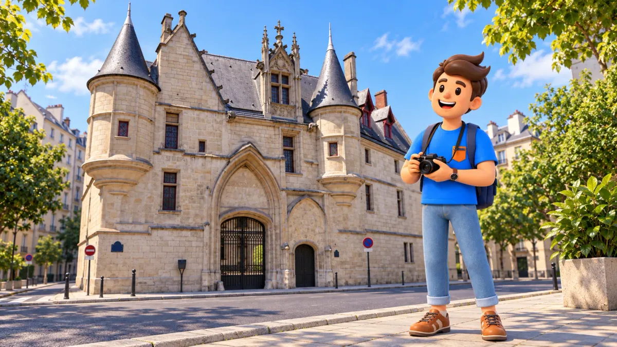 Un voyageur tient son appareil et observe la façade gothique de l’Hôtel de Sens depuis la rue.
