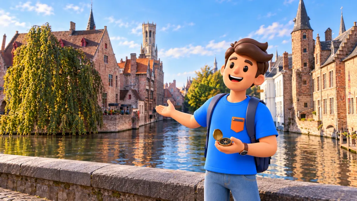 Figur mit Kompass zeigt auf Wasser und Stadtsilhouette am Rozenhoedkaai