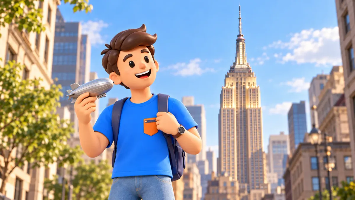 Illustration d’un voyageur avec son petit dirigeable miniature devant l’Empire State Building stylisé.